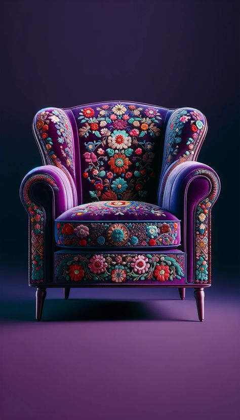 This plush armchair boasts a deep purple velvet elegance, ornamented with vibrant floral embroidery, marrying traditional craftsmanship with bohemian charm #VelvetVogue #BohemianChic #EmbroideryArt #FurnitureFashion #PurplePassion Purple Arm Chair, Funky Armchairs, Purple Armchair, Purple Velvet Sofa, Floral Armchair, Diy Furniture Upholstery, Plush Armchair, Weird Furniture, Funky Chairs