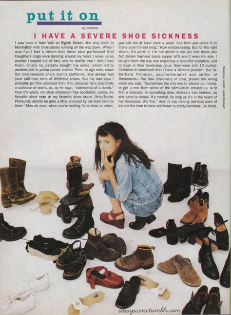 From the September 1994 issue. Andrea Lee Linett used to work for Lucky Magazine, but now she has an online fashion project called I want to be her. Sassy Magazine, Benny And Joon, Lucky Magazine, Juergen Teller, Outfit 90s, Herringbone Tweed, 90s Hairstyles, 90s Fashion Outfits, Old Magazines