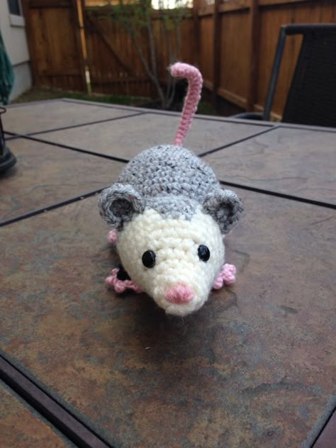 The springlike weather in Austin made me want to continue with my baby animal theme, so here's my latest amigurumi... Possum Stuffed Animal, Free Possum Crochet Pattern, Crochet Opposum Pattern, Crochet Opposum Pattern Free, Possum Crochet Pattern Free, Crochet Possum Free Pattern, Amigurumi Possum, Possum Crochet Pattern, Possum Crochet