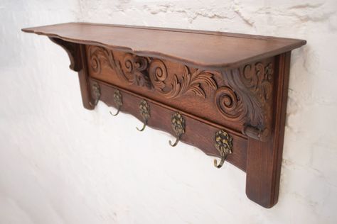 19th century oak coat rack in Renaissance style Wood with beautiful sculpted  and a beautiful patina cast brass hooks The coat rack is in good condition Dimensions Width 95 cm Depth 23 cm Height 39 cm Aesthetic Coat Rack, Coat Rack Ideas, Earthy Home, Brass Hooks, Wooden Coat Rack, Antique Interior, Coat Rack Wall, Cute House, Rose Cottage