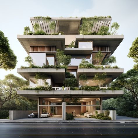 3-storey building on pillars surrounded by greenery.#architecture, #design, #housing, #residential, #limassol, #cyprus 5 Storey Building Design, Greenery Architecture, 3 Storey Building, Bioclimatic Building, Small Apartment Building, Apartment Exterior, Limassol Cyprus, Green Facade, Residential Building Design