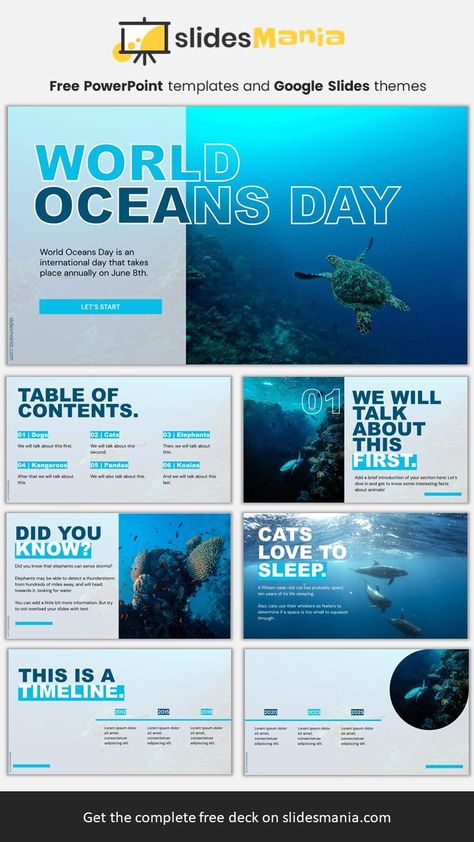 Celebrate World Oceans Day with this free ppt template and Google Slides theme! This template features a beautiful blue color scheme and ocean-themed images, making it the perfect way to create presentations about the importance of our oceans. The template includes a variety of slides that can be used to discuss topics such as ocean pollution, marine life, and ocean conservation. Download it today and start creating presentations that will help raise awareness about the importance of our oceans! Aquarium Graphic Design, Ocean Presentation, Ocean Template, Ppt Ideas, Ebook Template Design, World Oceans Day, Ppt Template Design, Free Ppt Template, Powerpoint Slide Designs