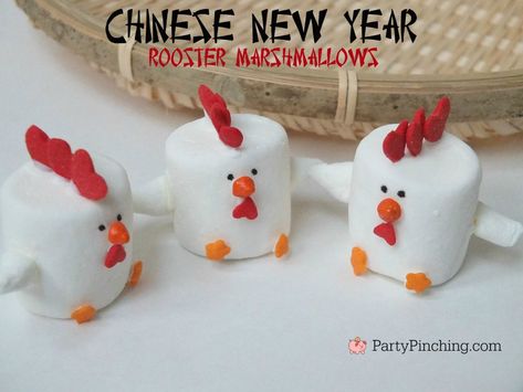 Rooster Marshmallows, Chinese New Year 2017 Rooster dessert, cute dessert treat for Lunar New Year, fun food for kids, sweet treats, easy dessert for Chinese New Year Easy Desserts For Kids, New Year's Desserts, Chicken Cake, Cute Marshmallows, Farm Themed Birthday Party, New Year's Food, Farm Birthday Party, Marshmallow Pops, Farm Party