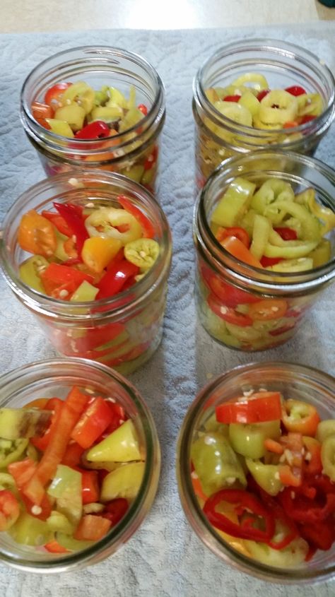 Banana Pepper Rings Canning, Pepperoncini Recipes Canning, Pickling Ideas, Canning Hot Peppers, Fall Canning, Garden Peppers, Pickled Sweet Peppers, Pickled Pepper Recipe, Pickled Pepperoncini