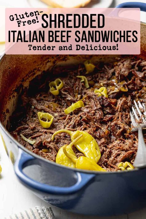 This Chicago-style Shredded Italian Beef Sandwich recipe is naturally gluten-free and a crowd-pleasing favorite! Easy to make in the oven, slow cooker, or Instant Pot! Juicy beef chuck roast is slow-cooked with onion, sweet pepper, and zesty pepperoncini peppers. Gluten Free Italian Beef Crock Pot, Italian Beef Sandwiches Dutch Oven, Pepperocini Roast Crockpot Italian Beef, Chuck Roast With Pepperoncini Crock Pot, Pepporincini Roast, Chuck Roast Italian Beef Sandwiches, Gluten Free Chuck Roast Crock Pot, Roast Pepperoncini Crockpot, Pepper Roast Crock Pot