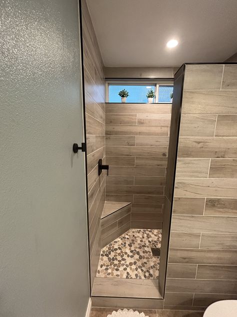 Basement Walk In Shower Ideas, No Glass Shower Ideas Farmhouse, Tile Shower No Glass Door, Showers With No Glass Doors, Walk In Shower With Door In Middle, Master Shower Without Glass Door, Walk In Shower No Glass No Door, Shower Remodel No Door, Master Bath No Door