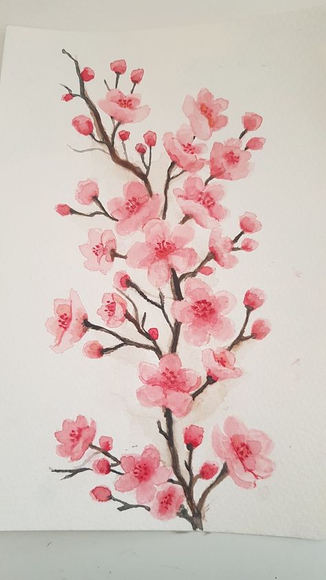 Flower Drawing Cherry Blossom, Watercolour Cherry Blossom Tree, Watercolor Art Cherry Blossom, Sakura Flower Watercolor, Japan Painting Easy, Easy Cherry Blossom Painting, Sakura Flower Painting, Sakura Flower Drawing, Sakura Watercolor Painting