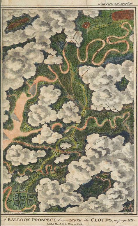 "A Balloon Prospect from Above the Clouds" from Thomas Baldwin's "Airopaidia." Balloon Flights, Aerial Images, Vanishing Point, Old Maps, Above The Clouds, Aerial View, The Public, Public Domain, 18th Century