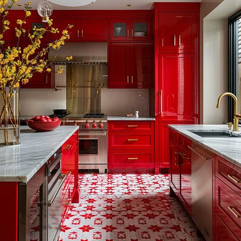 10+ Stunning Studio Kitchen Ideas for a Vibrant Red Makeover • 333+ Art Images Pink Red Kitchen, Studio Kitchen Ideas, Red Kitchen Cabinets, Red Cabinets, Red Houses, Rustic Wooden Shelves, Retro Appliances, Elegant Lighting Fixtures, Mid Century Modern Kitchen