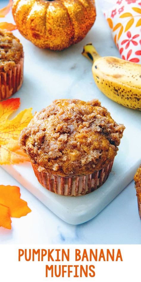 Pumpkin Banana Muffins -- Pumpkin Banana Muffins are the perfect way to combine two favorites into one moist, flavorful baked good. Topped with a brown sugar cinnamon streusel, these muffins are an easy and cozy addition to your fall baking lineup! via @wearenotmartha Pumpkin Banana Bread Muffins, Banana Pumpkin Muffins, Fall Muffins, Pumpkin Banana Muffins, Pear Muffins, Muffins Pumpkin, Christmas Breakfast Ideas, Pumpkin Banana Bread, Moist Muffins