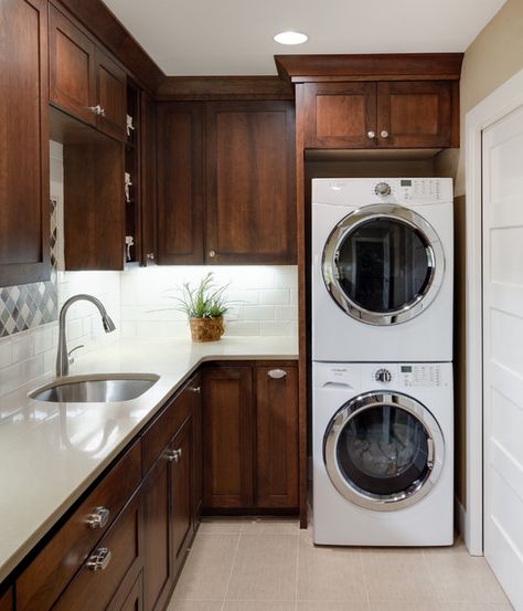 Sunnyslope Laundry room - Traditional - Laundry Room - Portland - by C&R Remodeling Dryer Cupboard, Laundry Room Dark, Wood Laundry Room, Laundry Room Stackable, Cottage Basement, Cottage Laundry, Stackable Laundry, Small Home Storage, Ikea Laundry