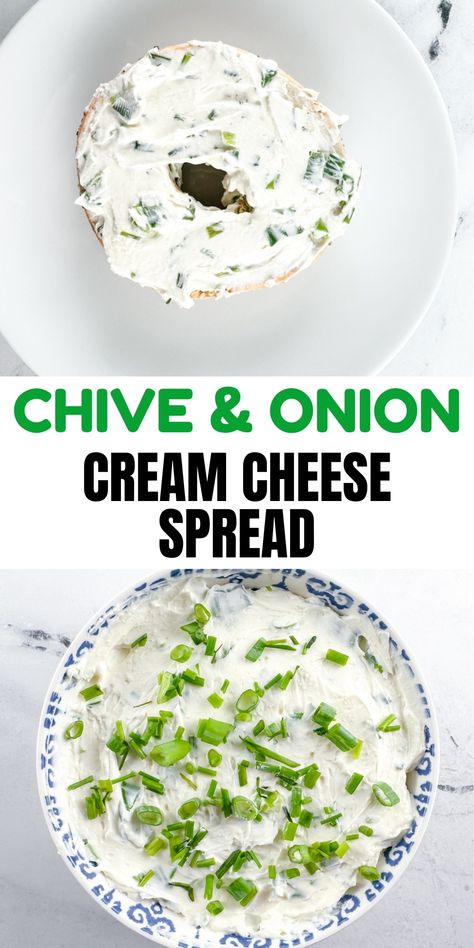 Homemade chive and onion cream cheese spread in a bowl and spread on an everything bagel. Cheese Spread Recipes For Crackers, Cream Cheese Spread For Bagels, Onion And Chive Cream Cheese, Green Onion Cream Cheese, Bagel Spread Recipes, Leftover Cream Cheese, Chive And Onion Cream Cheese, Recipes Using Cream Cheese, Cream Cheese Spread Recipes