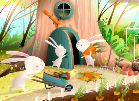 Rabbit family working in the garden. Summer is just around the corner, but I made them already harvesting)) . . . #kidsillustration #animals #forest #forestanimals #popmarleo #rabbits #kidsbooks #illustrationartists #illustrationart #carrots #childrenillustration #vector #vectorart #vectorartwork #adobeillustrator #adobe #adobestock #adobestockspotlight #gardening #vegetables #vegetarian #vegetablegarden Rabbit Family Illustration, Rabbit Carrot Illustration, Carrot Harvest, Working In The Garden, Rabbit Family, Animals Forest, Gardening Vegetables, Family Illustration, Vector Artwork