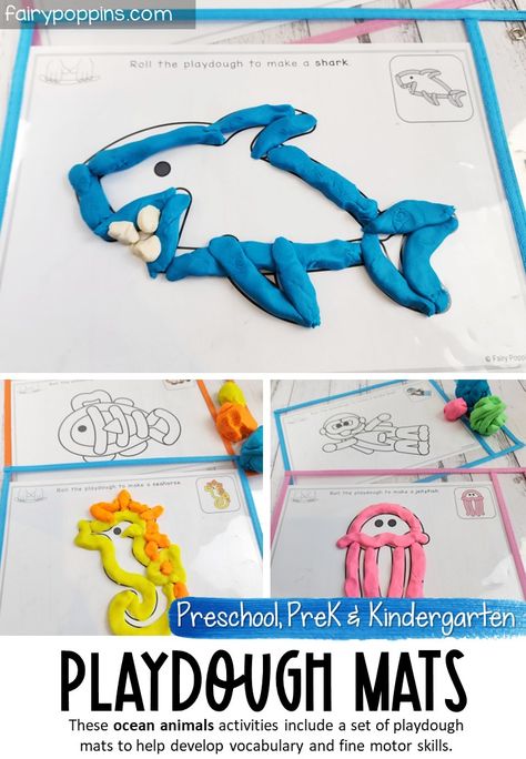 These ocean animals activities include a set of printable playdough mats to develop vocabulary and fine motor skills. #playdoughmats #oceananimals #finemotoractivities #prek #preschool #kindergarten #oceanactivities Sea Animals Fine Motor Activities, Jelly Fish Activities Preschool, Ocean Playdough Mats Free Printable, Sea Animals Crafts For Preschool, Preschool Shark Activities, Ocean Stem Activities, Octopus Craft Preschool, Ocean Fine Motor, Ocean Dramatic Play