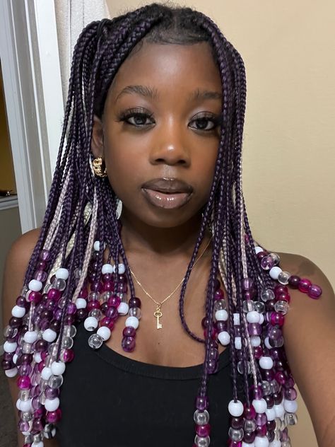 Purple And Silver Braids, Purple Peekaboo Braids With Beads, Black And Purple Braids With Beads, Dark Purple Braids For Black Women, Purple Protective Styles, Braids With Purple Beads, Purple Braids With Beads, Blackgirls Hairstyle, Dope Hairstyles Black Women