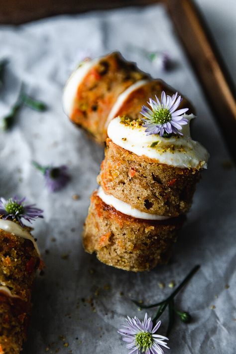 Mini Olive Oil Carrot Cakes with the Creamiest Cream Cheese Frosting Mini Cakes Tea Party, Carrot Olive Oil Cake, Carrot Mini Cake, Dessert Ideas For Mother’s Day, Carrot Cake Mini Cakes, Fancy Recipes Dessert, Olive Oil Carrot Cake, Gourmet Carrot Cake, High Tea Cake Ideas