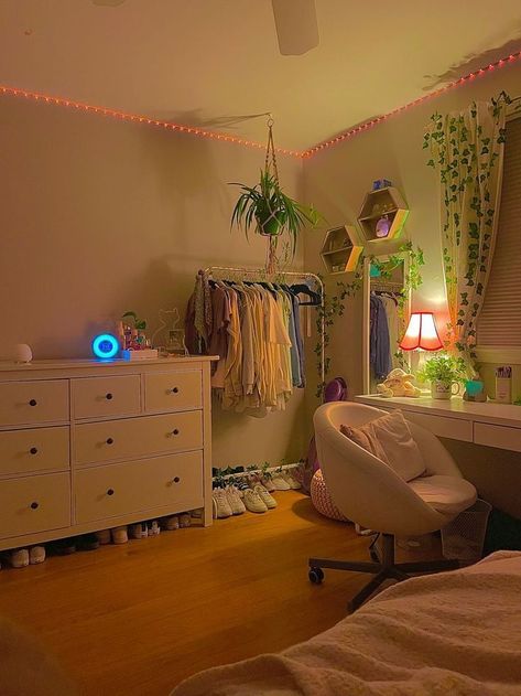 Simple Pretty Bedroom, Trendy Bedroom Aesthetic, Bedroom With Clothes Rack, Small Room With Clothing Rack, Room With Clothing Rack Aesthetic, Drawer Ideas Bedroom Aesthetic, Clothes Rack Small Bedroom, Danish Pastel Small Bedroom, Danish Pastel Indie Room