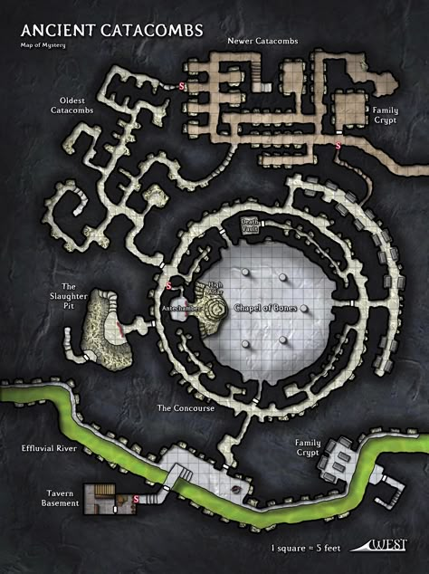 Chapel of Bones, with catacombs under the tavern, (king Leoryc?) Catacombs Map, Nice Map, Pathfinder Maps, Game Map, Battle Map, Tabletop Rpg Maps, Fantasy Maps, Heroic Fantasy, Rpg Maps