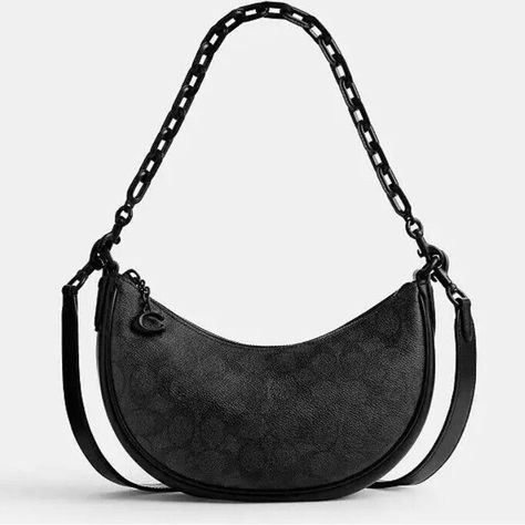 Coach Coated Canvas Signature Mira Shoulder Bag Soft And Spacious, This Coach Crescent-Shaped Mira Is Ahead Of The Curve. The Versatile Style Is Crafted In Signature Canvas With Refined Leather And Finished With A Secure Zip-Top Closure. Small Sized Bag; 9-1/2"W X 6-1/4"H X 2-1/2"D (Width Is Measured Across The Bottom Of Handbag); 1 Lb. Approx. Weight Silhouette Is Based Off 5'9" Model 9-1/2" Removable Chain Strap; 21-1/2" Removable Crossbody Strap Zip Closure Black-Tone Hardware Interior Snap P Biker Accessories, Chloe Bags Handbags, Chloe Bags, Crescent Shape, Net Bag, Signature Canvas, Coach Bag, Crossbody Purse, Handmade Accessories