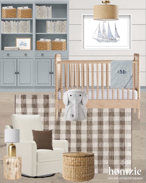 Light Blue Nursery Boy, Light Wood Crib, Blue Gingham Nursery, Coastal Nursery Boy, Homzie Designs, Blue Boy Nursery, Baby Boy Nursery Room Design, Boy Nursery Blue, Nursery 2024