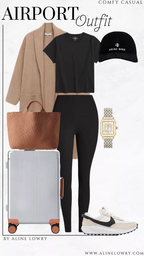 Airport Outfit Idea that is comfortable and stylish. Casual chic outfit idea. Travel outfit. Fall cozy outfits Airport Travel Style, Casual Airport Outfit, British Isles Cruise, Chic Airport Outfit, Leisure Outfits, Casual Travel Outfit, Plane Outfit, Chic Travel Outfit, Traveling Outfits