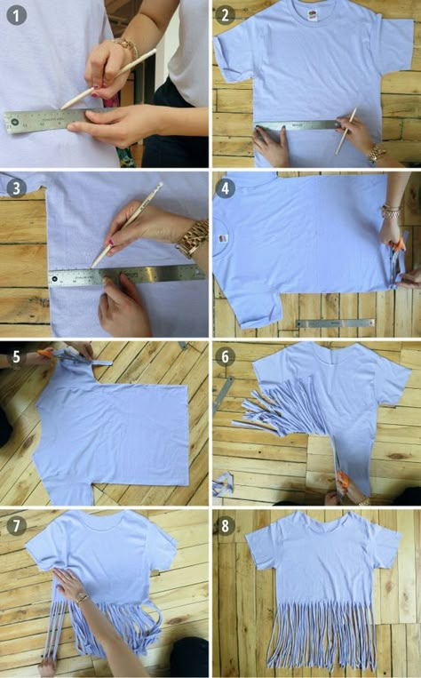 Tshirt Fringes Diy, Fringe Shirt With Beads, How To Make Fringe Shirts, Fringe Tee Shirt Diy, Fringe Bottom Tshirt Diy, How To Make A Fringe Shirt, Tee Shirt Upcycle Diy, Cute Cut Shirts Diy, How To Fringe A Shirt