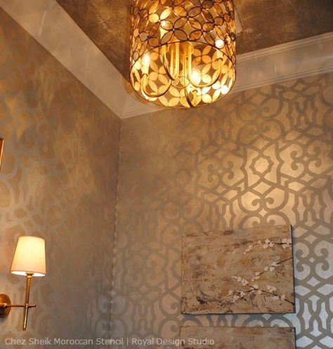 Create a Sophisticated Allover Wallpaper Look with Stencils and Metallics Large Trellis, Moroccan Wall Stencils, Royal Design Studio Stencil, Paint Stencil, Moroccan Stencil, Moroccan Wall, Stencil Painting On Walls, Stencil Projects, Stenciled Floor