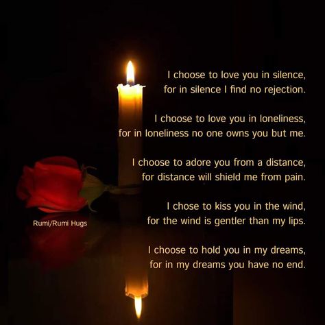 I choose to love you in silence, for in silence I find no rejection.  I choose to love you in loneliness, for in loneliness no one owns you but me.  I choose to adore you from a distance, for distance will shield me from pain.  I chose to kiss you in the wind, for the wind is gentler than my lips.  I choose to hold you in my dreams, for in my dreams you have no end.  Rumi ❤️ I Choose To Love You In Silence, Quote Books, My Silence, Gentleman Quotes, Rumi Quotes, Spiritual Wisdom, In My Dreams, Adore You, Hug Me