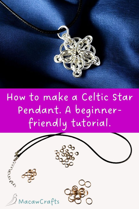 How to make a Celtic star pendant. Pictures showing the pendant in sterling silver, and the components needed to make it. Chainmaille Earrings Tutorial, How To Chainmail, Chainmail Jewelry Tutorial, Beginner Chainmaille, How To Make Chainmail, Chainmail Patterns Tutorials, Diy Chainmail, Chainmail Ring, Free Jewelry Making Projects