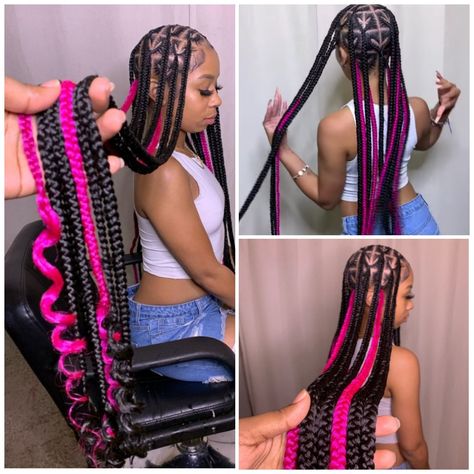 Heart Knotless Braids With Color, Pink Skunk Stripe Knotless Braids, Pink Peekaboo Braids With Heart, Hot Pink Peekaboo Braids, Heart Box Braids Hairstyle, Singles With Heart Braids, Pink Skunk Stripe Braids, Pink Heart Braids, Valentine’s Day Braids