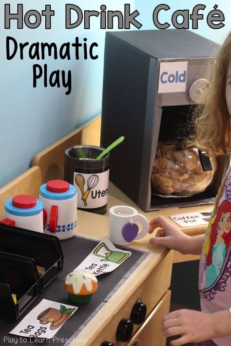 Our Hot Drink Cafe will energize your dramatic play center - no caffeine necessary!   via @PlayToLearnPS #dramaticplay #preschool #dramaticplayideas Dramatic Play Preschool Ideas, Cafe Role Play Area, Dramatic Play Activities, Pretend Play Ideas, Drink Cafe, Preschool Dramatic Play, Dramatic Play Themes, Dramatic Play Ideas, Purposeful Play