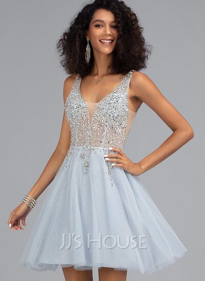 Tulle Prom Dress A Line, Tulle Prom Dress Short, Sequin Homecoming Dress, Mini Prom Dresses, Mini Homecoming Dresses, Tulle Homecoming Dress, V Neck Prom Dresses, Beaded Tulle, Sequin Prom Dresses