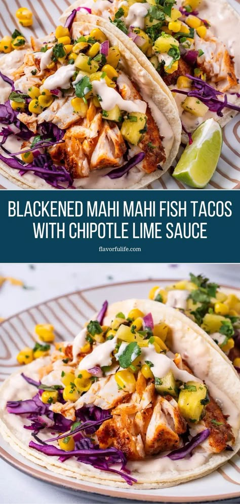 Try this easy recipe for mahi mahi fish tacos with pineapple salsa and discover why these are truly delicious fish tacos. Each taco is loaded with juicy mahi mahi and topped with a sweet and tangy pineapple salsa, all drizzled with a bold chipotle lime sauce. Whether you're making mahi mahi tacos with chipotle sauce for the first time or looking for a new favorite variation, this dish combines all the right flavors for a memorable meal! Fish And Pineapple Recipe, Salsa For Fish, Fish Tacos Salsa, Mahi Tacos Recipe, Mahi Tacos, Mahi Recipes, Fish Taco Sauce Recipe, Best Fish Tacos, Mahi Mahi Tacos Recipe