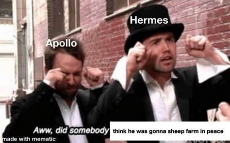 So Hermes and Apollo steal Helios’ sheep more than once individually and collectively they also send other people to do it yes I think I’m very funny Helios Greek Mythology, Blood Of Zeus Hermes, Hermes X Apollo, Apollo X Hermes, Hermes Pjo, Hermes Percy Jackson, Apollo And Hermes, Mythology Jokes, Hermes Fanart