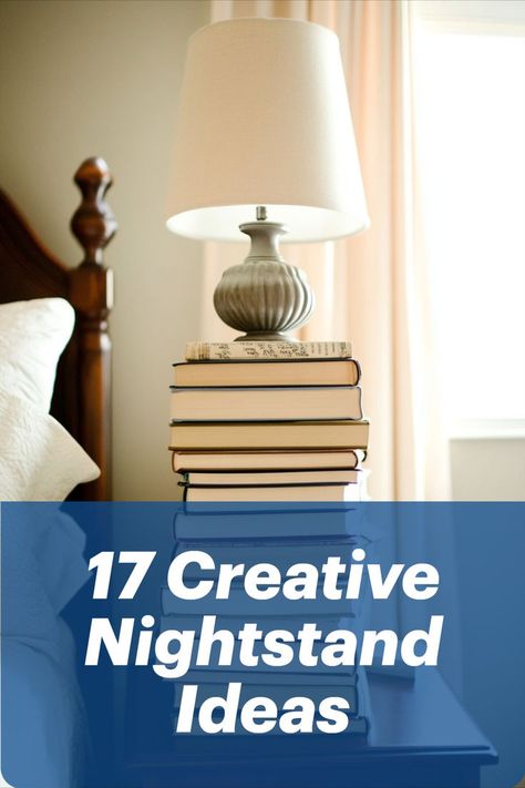 Stacked books used as a nightstand beside a bed, with a lamp on top. Bedroom With 2 Nightstands, How To Style Bedside Table Night Stands, Small Bedroom Side Table Ideas, Side Tables Bedroom Diy, Small Bedroom Side Tables, Bedroom End Tables Night Stands, Nightstand Ideas Diy, Creative Nightstand Ideas, Creative Nightstand