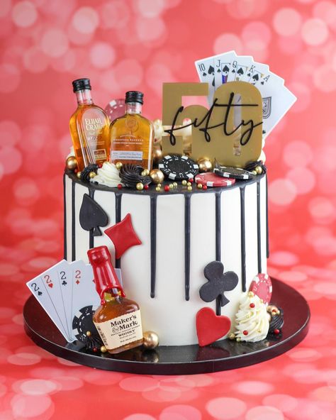 ♠️♥️ F I F T Y ♣️♦️Let's celebrate Poker style! #pokercake #whiskeycake #nips #fifty #50 #50thbirthday #happy50th #customcake #cakedesign #irmosc #dripcake #chocolatecake #triplechocolate #buttercreamcake Poker Cake, Whiskey Cake, Casino Birthday, Poker Party, 35th Birthday, Birthday Party 21, Cakes For Men, Triple Chocolate, Casino Party