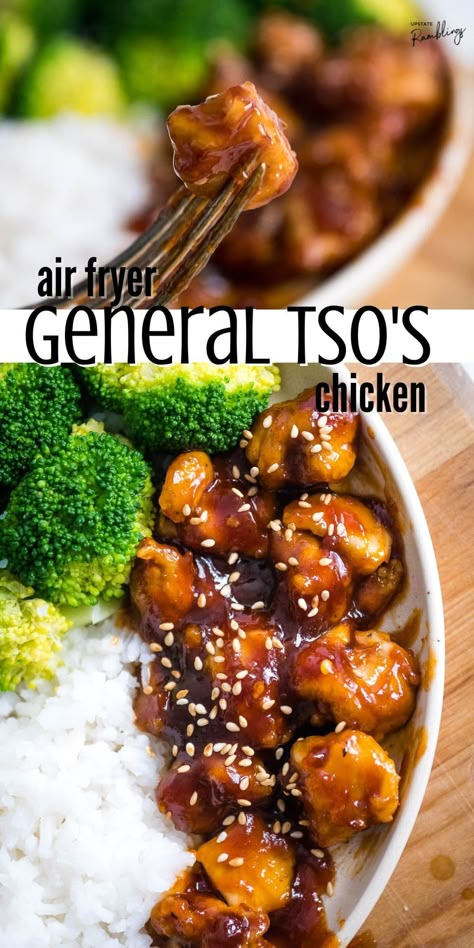 Healthy General Tso Chicken Air Fryer, Air Fry Asian Chicken, Air Fryer General Tso Chicken Easy, General Tao Chicken Air Fryer, Crispy Chicken Bites Air Fryer, Air Fryer General Tso Chicken, Air Fryer Chicken Bites Recipes, General Tso Chicken Air Fryer, Airfryer Chicken Bites