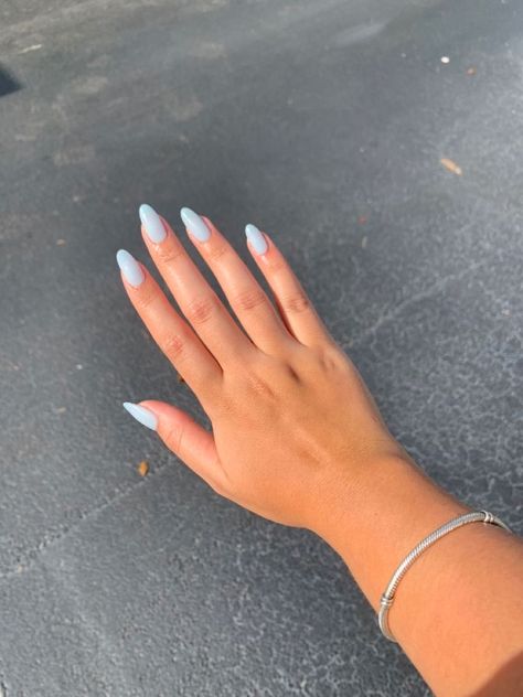 Light Blue Pastel Nails, Acrylic Nails Ideas Light Blue, Sly Blue Nails, Light Blue Nails Plain, Almond Nails Sky Blue, Nail Ideas Sky Blue, Pastel Blue Nails Aesthetic, Light Blue Milky Nails, Light Blue Nails 2023