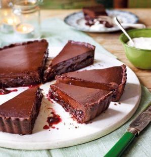 Silky chocolate and raspberry tart | delicious. magazine Boozy Cherries, Chocolate Tart Recipe, Cherry And Chocolate, Chocolate And Raspberry Tart, Hot Chocolate Sauce, Chocolate Tarts Recipe, Chocolate Custard, Raspberry Tarts, Delicious Magazine