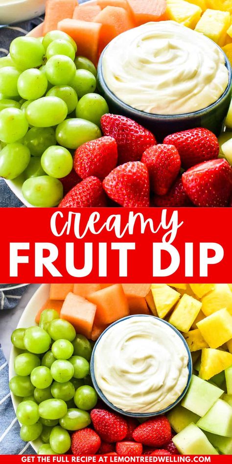 Everyone loves a good dip recipe, and this Fruit Dip is one of our favorites! It's thick and creamy, with just the right amount of sweetness, and adds the perfect pop of flavor to any of your favorite fresh fruits. Dip For Fresh Fruit, Fresh Fruit Dip Recipe, Dip For Fruit Tray, Fruit With Dip, Easy Fruit Tray, Homemade Fruit Dip, Easy Fruit Platter, Fruit And Veggie Tray, Fruit Tray Ideas For Party