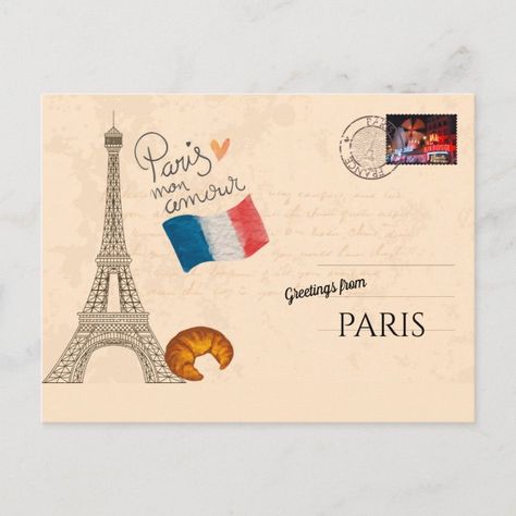 Greetings from Paris Postcard - France Paris Postcard, Paris Drawing, Ww2 Photos, State Signs, Postcard Design, Created By, Paris, Wall Decor, Book Cover