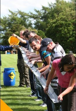 Do this with a ball, which is then placed in panty hose for the water bottle game. Paper plates for tunnel. Outdoor Team Building Games, Teamwork Games, Survivor Games, Reunion Games, Team Building Games, Youth Camp, Youth Games, Team Activities, Youth Group Games