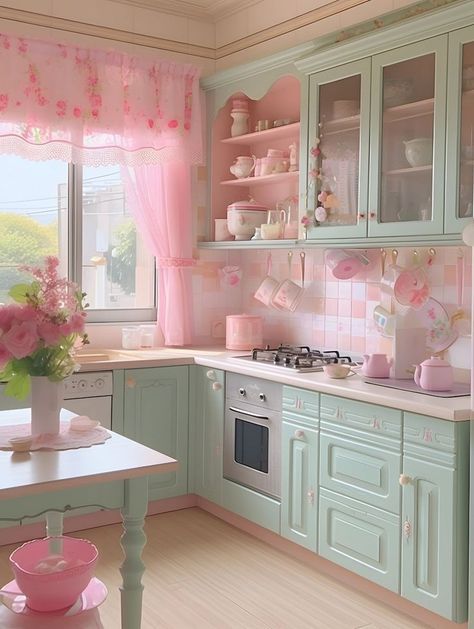 Kitchen Room Aesthetic, Diy Kitchen Ideas Decorating, Kitchen Ideas Pink And White, Pink Cottage Core Kitchen, Dreamy Kitchen Aesthetic, Soft Kitchen Aesthetic, Vintage Aesthetic Kitchen, Cutecore Kitchen, Pretty House Interior