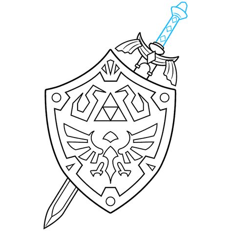 How to Draw the Master Sword and Hylian Shield from the Legend of Zelda Step 09 Legend Of Zelda Black And White, Legend Of Zelda Drawings Easy, Zelda Shield Tattoo, How To Draw Link From Zelda Step By Step, Legend Of Zelda Line Art, Zelda Coloring Pages Free Printable, Hylian Shield Tattoo, Legend Of Zelda Drawings, Links Shield