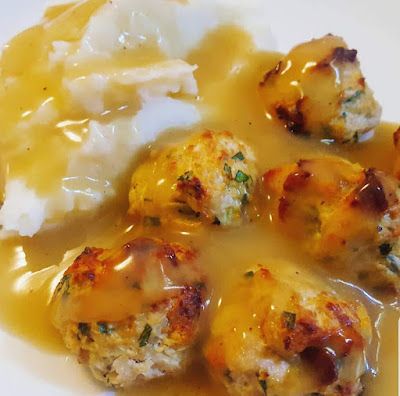 Dressing Balls Recipe, Herb Gravy, Turkey Meatballs Crockpot, Stuffing Balls Recipe, Turkey Dressing, Turkey Patties, Meatballs And Gravy, Turkey Meatballs Baked, Bring Me Back