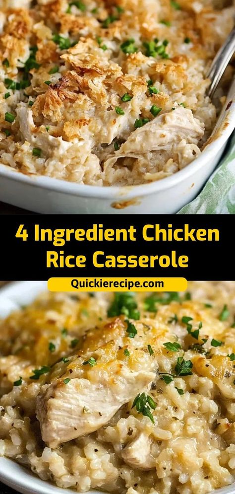 This 4-Ingredient Chicken Rice Casserole is a simple and satisfying one-dish meal. Made with chicken breasts, rice, and a creamy soup base, it’s perfect for busy weeknights. Ingredients: 2 chicken breasts 1 cup uncooked rice 1 can cream of chicken soup 1 cup chicken broth A creamy, easy casserole that’s a family favorite Chicken And Rice With Chicken Broth, Chicken Rice And Cream Of Chicken Soup, Chicken Rice Recipes Casseroles, Chicken Rice Baked Casserole, Chicken With Cream Of Chicken Recipes, Chicken Rice Cream Of Chicken Soup, Chicken Rice Onion Soup Mix Casserole, Chicken And Rice Cream Of Mushroom, Chicken Rice Cream Of Mushroom Soup Casserole