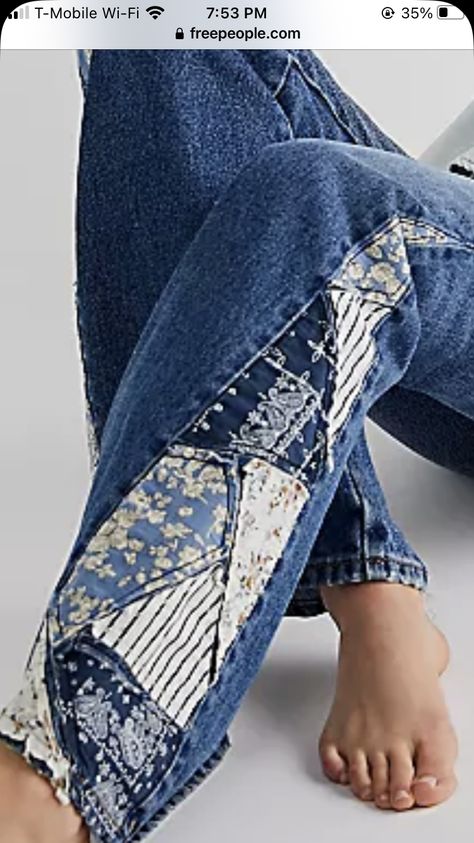 Add Fabric To Jeans, Upcycled Pants Ideas, Repurpose Clothes Diy, Make Clothes Bigger, Recycled Clothes Diy, Jeans Recycle Ideas, Denim Jacket Diy, Altered Jeans, Repurpose Jeans