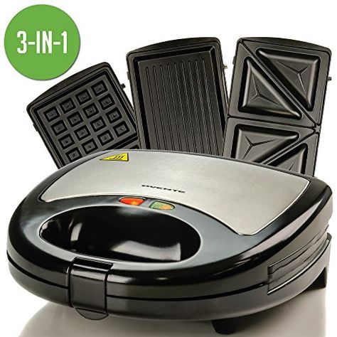 OVENTE GPI302B 3-in-1 Electric Sandwich Maker with Detachable Non-Stick Waffle and Grill Plates, 750-Watts, LED Indicator Lights, Cool Touch Handle, Anti-Skid Feet Electric Cooking Appliances, Panini Maker, Panini Sandwiches, Crispy Waffle, Panini Press, Sandwich Makers, Tuna Melts, Indoor Grill