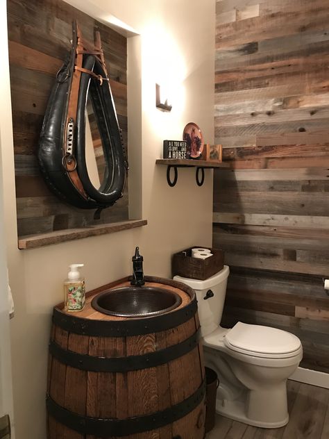 Barrel sink with horse collar mirror and repurposed barn wood walls. Horse Collar Mirror, Barrel Sink Bathroom, Speakeasy Bathroom, Barn Wood Walls, Barnwood Bathroom, Brewery Ideas, Concrete Bathtub, Comfy Cozy Home, Barrel Sink