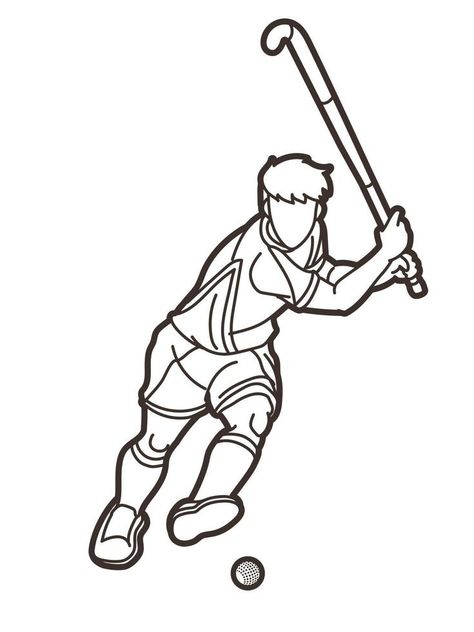 Field Hockey Sport Male Player Action Cartoon Outline Hockey Drawing, Cartoon Outline, Graphic Advertisement, Action Cartoon, Hockey Sport, Pakistan Day, Sport Art, Sport Hockey, Outline Drawings